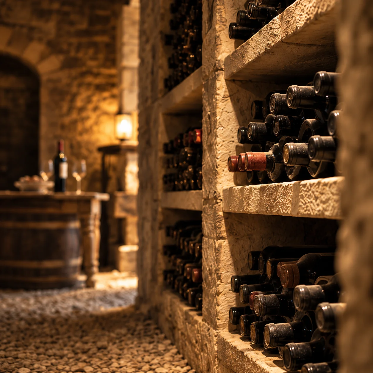 Wine bottles lining the stone shelves of a warmly lit cellar