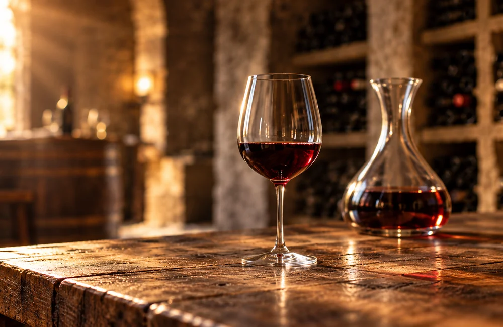 A glass of red wine and a decanter on a wooden table