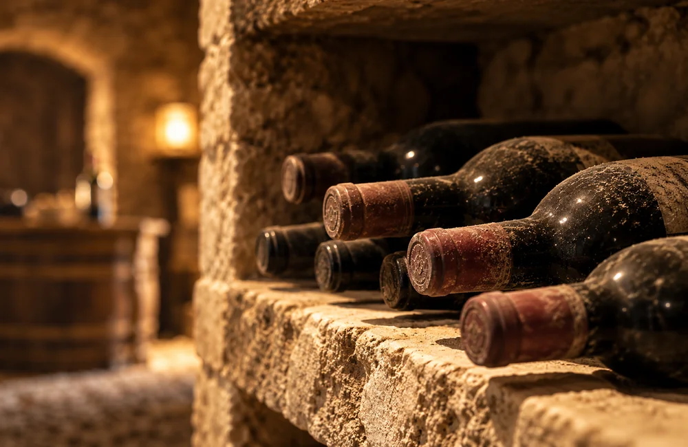 Mature wine bottles resting on a stone cellar shelf