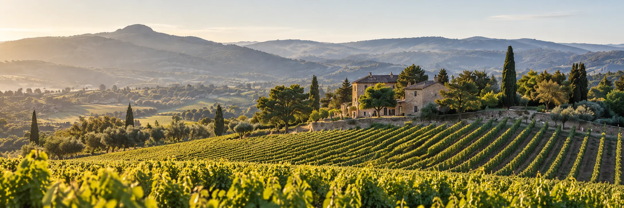 Rows of vines stretching toward a stone farmhouse and distant hills